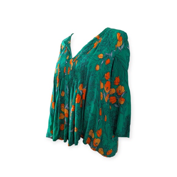 Vanessa Virginia Green & Orange Pintucked Poppy Swing Blouse - Picture 3 of 10